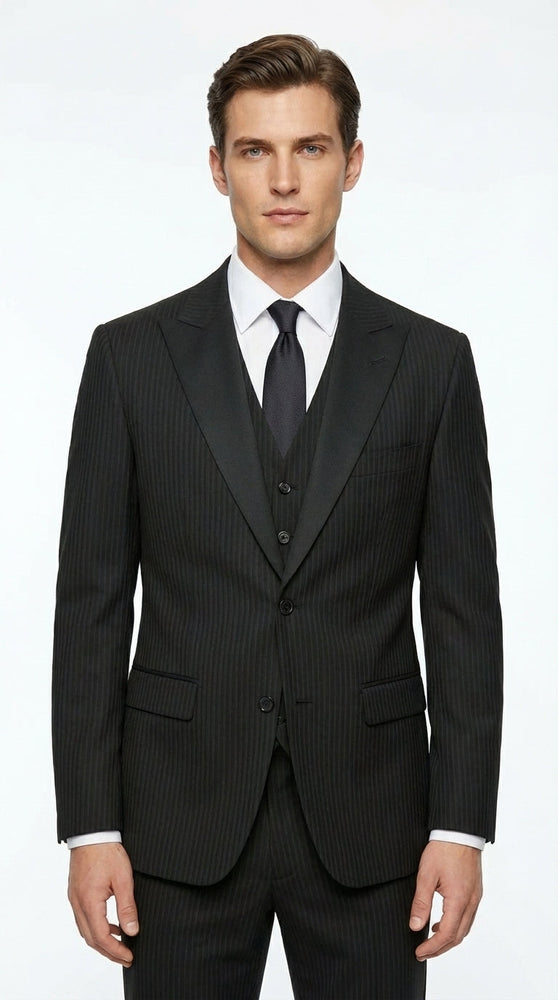 Vitali Mens Black Tone on Tone Shadow Stripe Vested Suit Set – 3 Piece Modern Fit Pinstripe Two Buttons