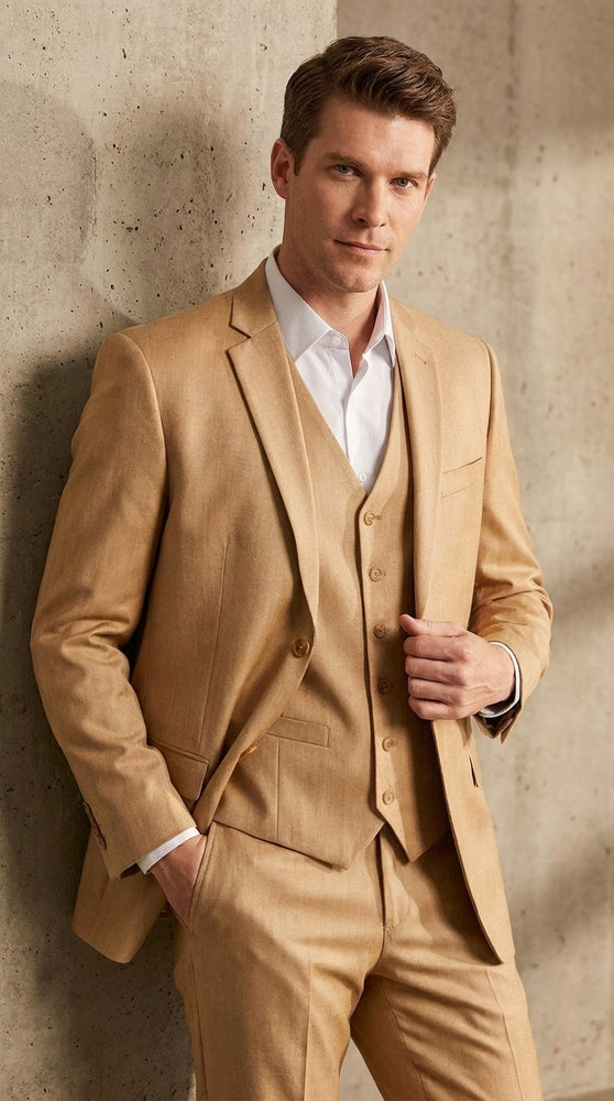Men’s Camel Khaki Bronze Sharkskin 3-Piece Suit – Modern Wedding, Business and Formal Suit with Matching Vest