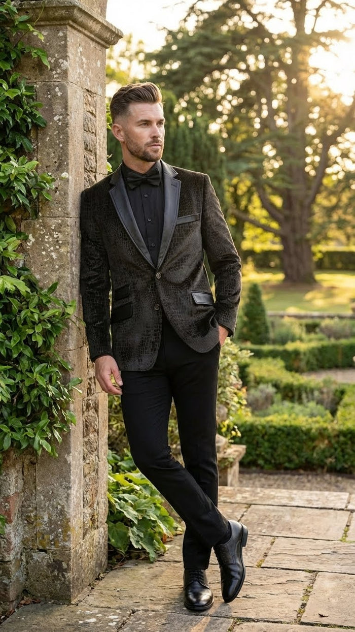Men’s Crocodile Alligator Exotic skin Texture Blazer – Slim Fit Designer Jacket with Satin Lapels for Formal and Party Wear in Black Color