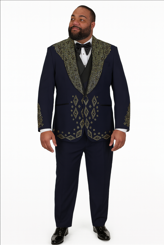 Men’s Navy Tuxedos with Gold Embroidery – Slim Fit Formal Dinner Jacket with Shawl Lapel