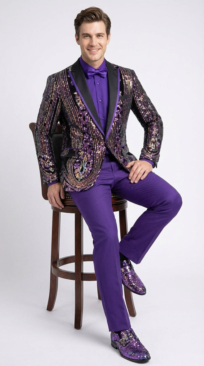 Mens Mardi Gra Black and Purple and Gold Sequin Tuxedo Jacket Set – Designer with Floral Pattern Jacket Formal Wedding Party Wear Bowtie