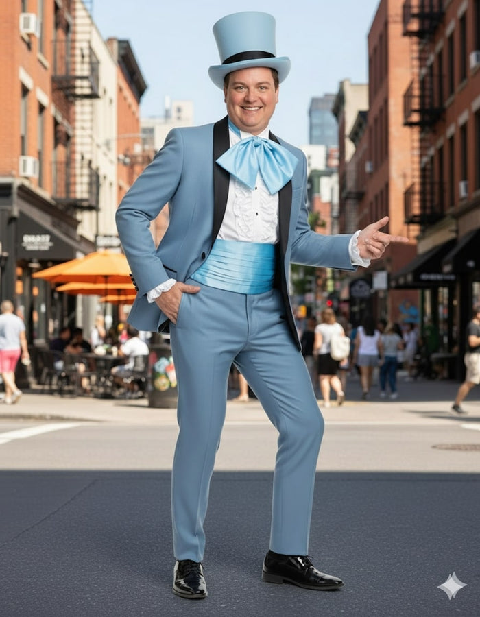 Dumb and Dumber Light Blue Tuxedo Costume for Men with Matching Top Hat – Classic 90s Party and Halloween Suit