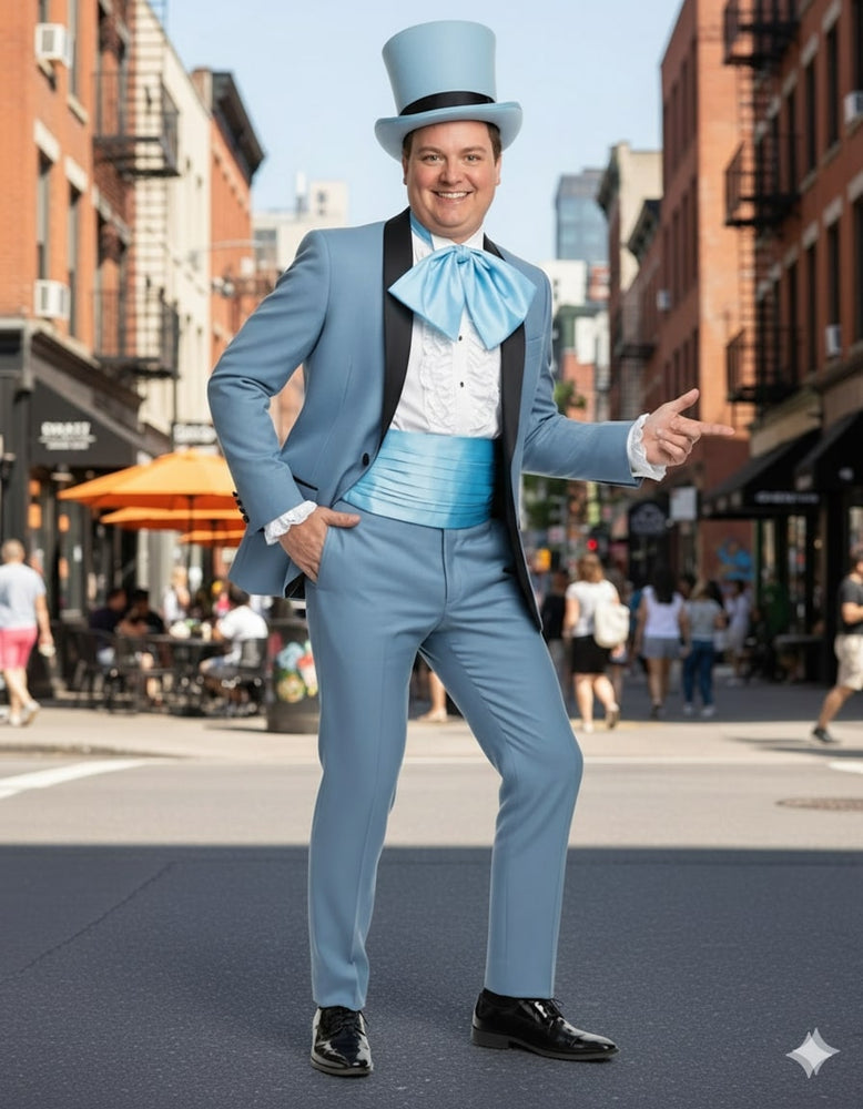 Dumb and Dumber Light Blue Tuxedo Costume for Men with Matching Top Hat – Classic 90s Party and Halloween Suit