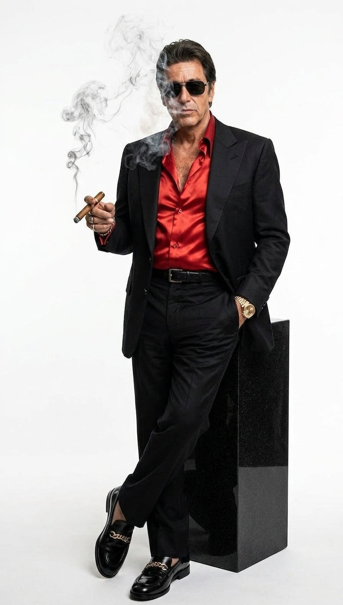 Tony Montana’s Black Blazer with Red Sateen Shirt – Men’s Black Formal Blazer and Red Satin Style Shirt Outfit for Party, Wedding and Vintage Wear