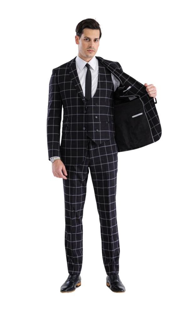 Mens Plaid Suit - Black Windowpane Suit - 1920 Suits