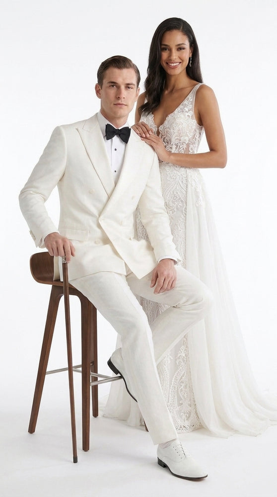 Men’s Ivory Double-Breasted Tuxedo – Vintage Wedding, Prom and Black-Tie Formal Suit off white cream