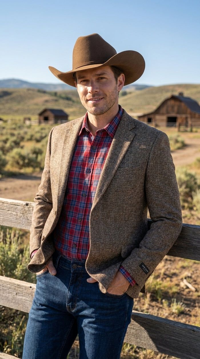 Men’s Light Brown Western Blazer – Textured Tweed Herringbone Cowboy Sport Coat for Rodeo, Country Taupe Dark Tan Color Wool Fabric