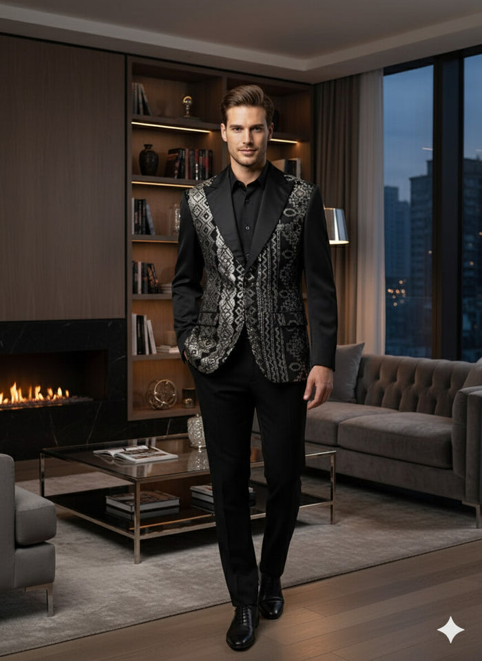 Mens Black and White and Silver Sequin Embroidered Blazer – Luxury Designer Party Wear with Geometric Detailing