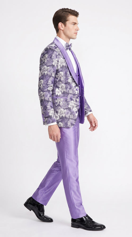 Men’s Lilac Lavender Prom Suit – Floral Shawl Lapel 3 Piece Tuxedo with Matching Vest and Pants