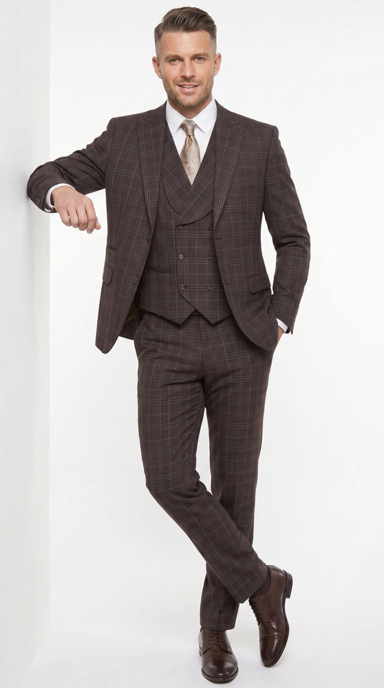 Men’s Vitali 3PC Suit – Choclate Brown and blue Plaid Check 3-Piece Suit with Double-Breasted Vest Modern Fit Side Vented