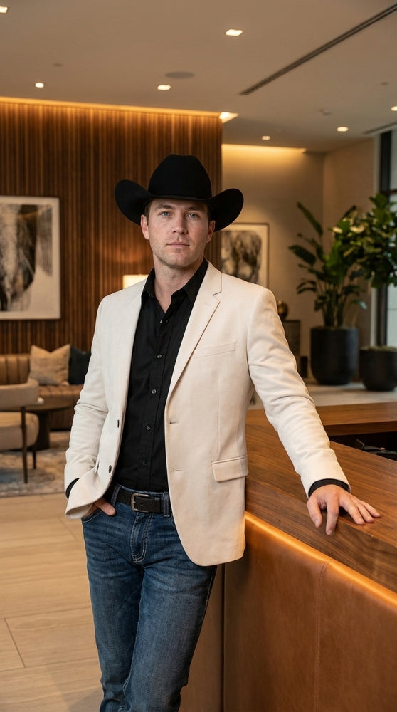 Men’s Ivory Western Blazer – Cream Cowboy Sport Coat Jacket with Notch Lapel in cream color