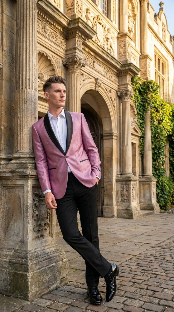 Men’s Shiny Pink Tuxedo Dinner Jacket with Black Pants – Shawl Lapel Formal Tuxedo