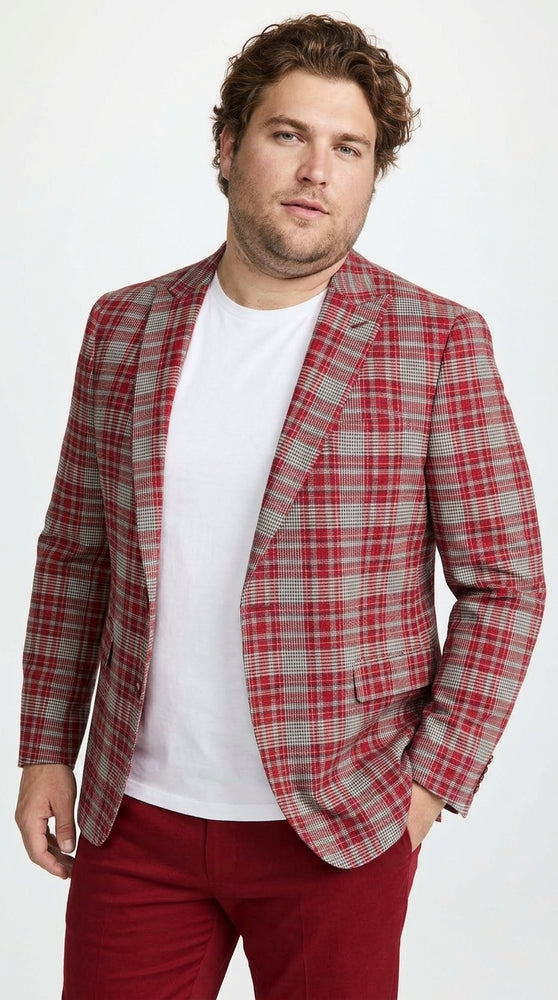 Men’s Red Tartan Plaid Blazer Checkered Sport Coat Holiday New Year  Gray Windowpane