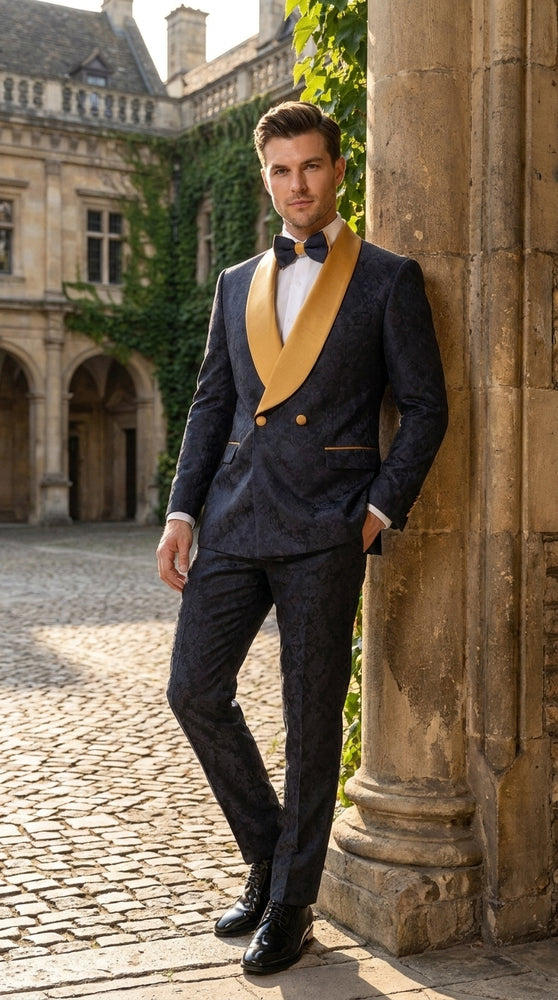 Men’s Black and Gold Hollywood Tuxedo – Double-Breasted Shawl Lapel Prom, Wedding and Formal Suit