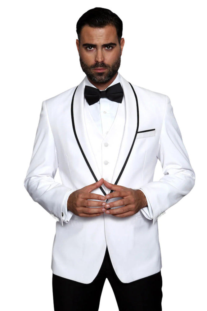 3-Piece Tailored Fit Wool Suit with Bow Tie and Flat Front Pants - White