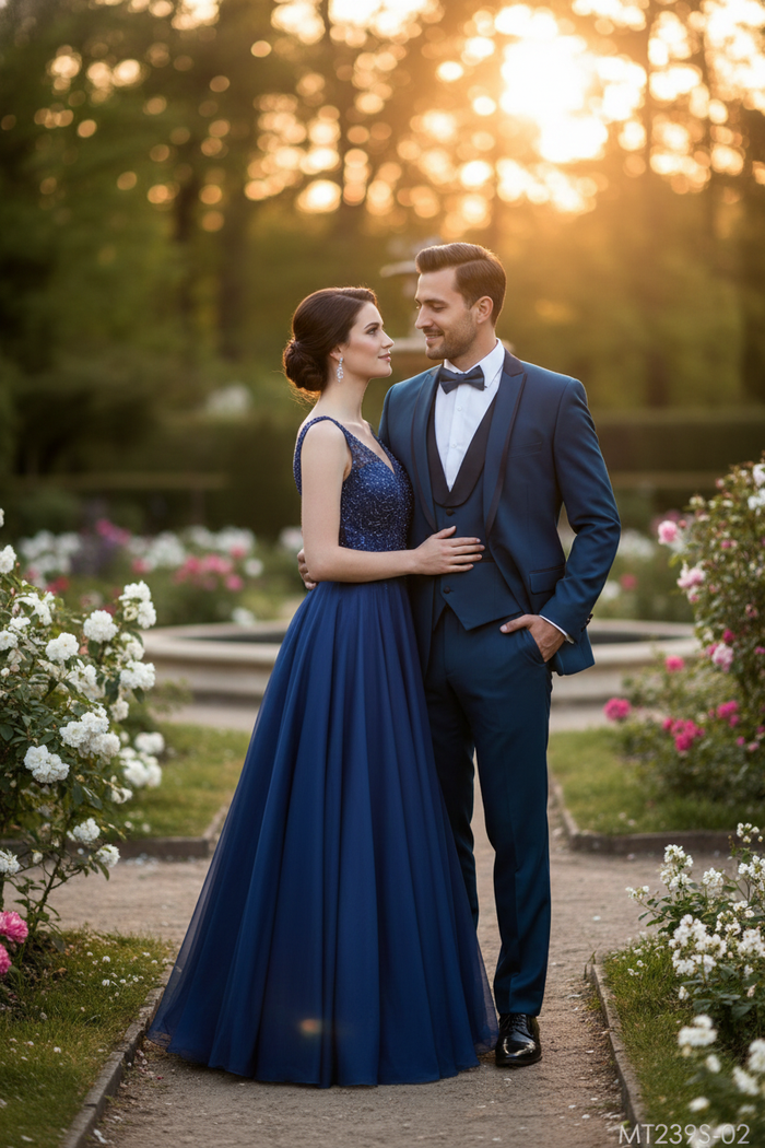 Men’s Teal Blue Tuxedo – 3-Piece Formal Suit with Satin Shawl Lapel, Vest, and Pants in Saphire Cobalt Blue Color