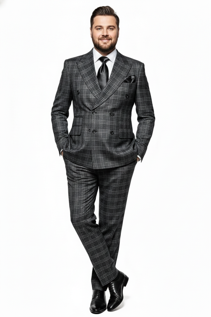Men’s Charcoal Plaid Double-Breasted Suits –  Tailored Pants Windowpane Pattern By Rossiman
