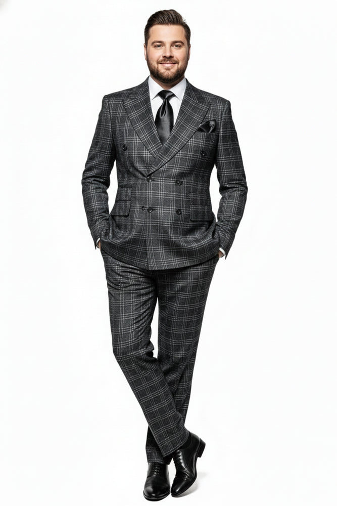 Men’s Charcoal Plaid Double-Breasted Suits –  Tailored Pants Windowpane Pattern By Rossiman
