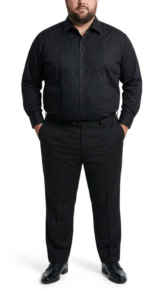 Men’s Black Pleated Tuxedo Dress Shirt | Formal Laydown Collar Button-Up Shirt for Weddings & Black Tie By Tiglio