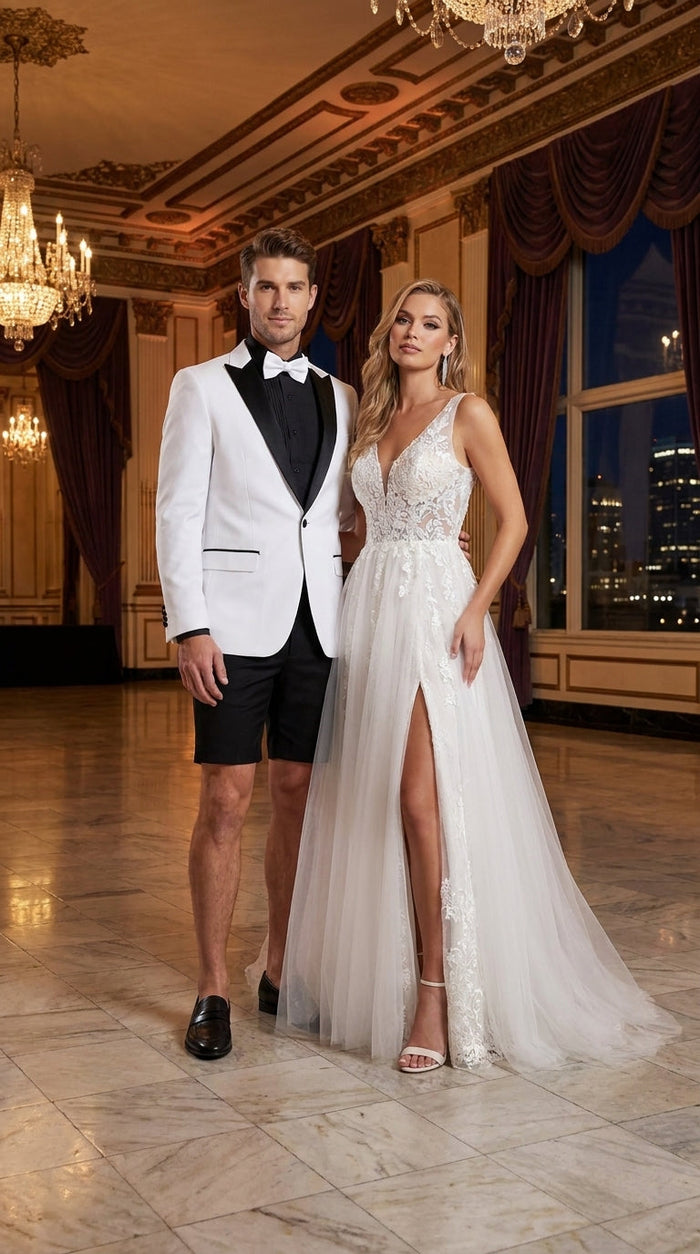 Men’s White and Black Tuxedo Suit with Shorts – Modern Formal Blazer and Short Pants Set for Wedding, Prom Suit