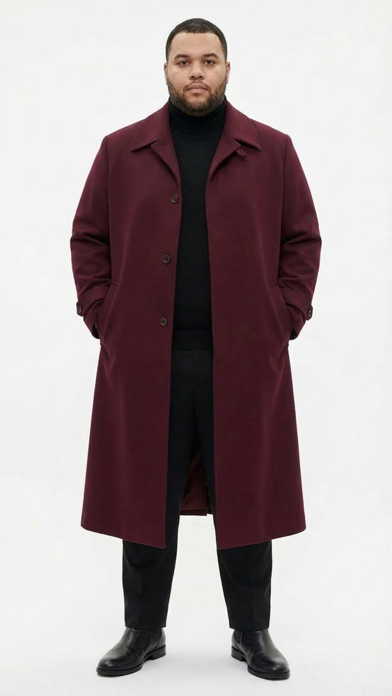 Men’s Full-Length Burgundy Overcoat – Microfiber 4 season fabric  Long Formal Coat with Classic Tailored Maxi Duster Coat