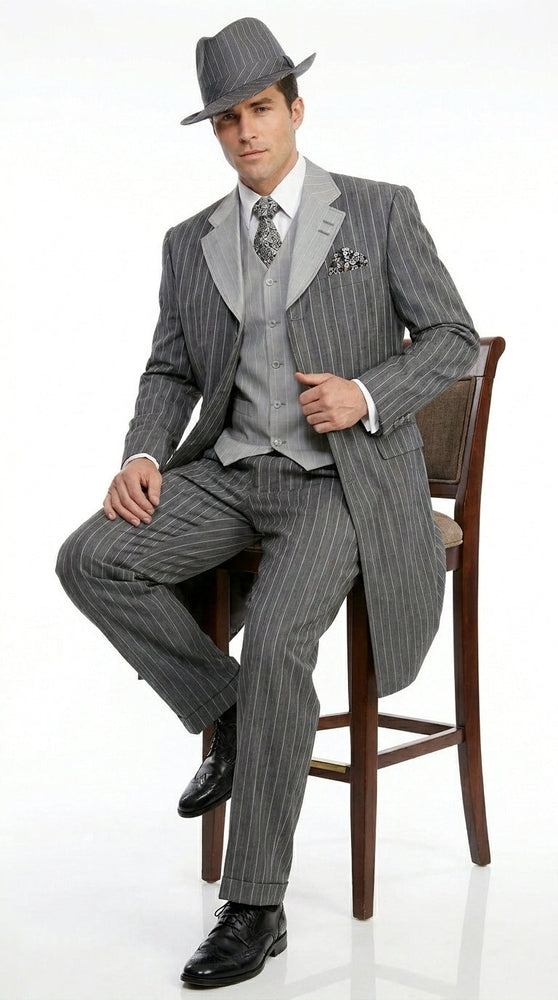 Men’s Grey Pinstripe Zoot Suit 3 Piece – 1920s Gangster Vintage Wide Lapel Suit with Vest for Wedding, Party