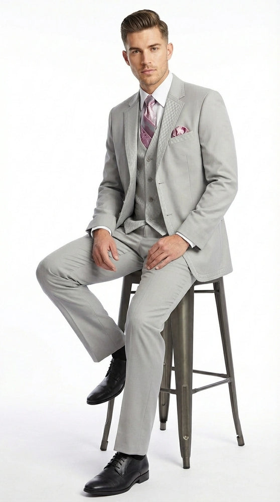 Men’s Light Gray 3 Piece Suit – Ice Silver Gray Formal Suit Set with Vest, Patterned Lapel and Tie for Wedding, Prom and Business Events