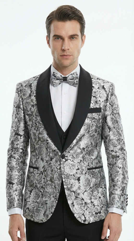 Mens Black and Silver Floral Tuxedo – Luxury Patterned Wedding, Prom and Formal Dinner Tuxedo
