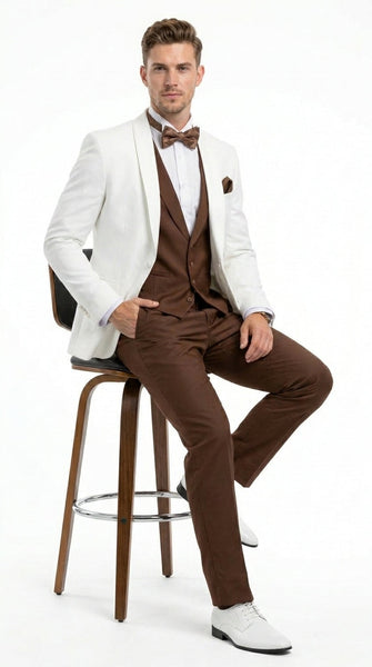 Men’s Ivory and Brown 3 Piece Suit – Elegant White Blazer with Brown Vest and Trousers for Wedding, Prom and Formal Events in off White Cream + Bowtie
