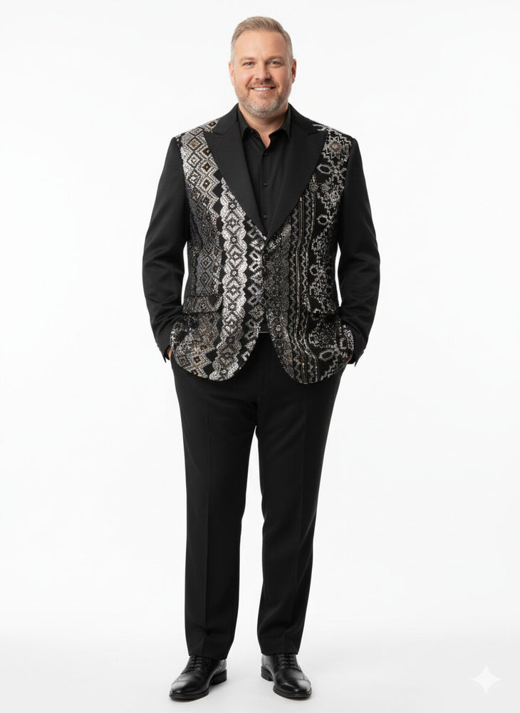 Mens Black and White and Silver Sequin Embroidered Blazer – Luxury Designer Party Wear with Geometric Detailing