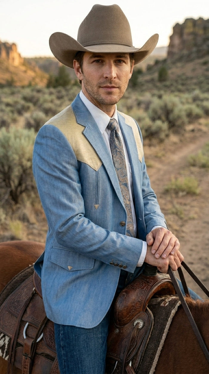 Men’s Steel - Light Blue and Off White Cream Color Western Cowboy Blazer – Shiny Country Style Dress Jacket for Rodeo Saco De Hombre Vaquero