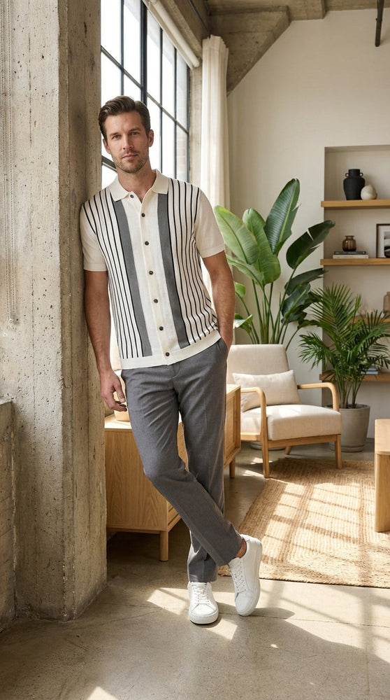 Mens White and Charcoal Gray Stripe Walking Suit Set – Short Sleeve Button Shirt and Pants Casual Summer Outfit for Travel, Vacation and Everyday Wear