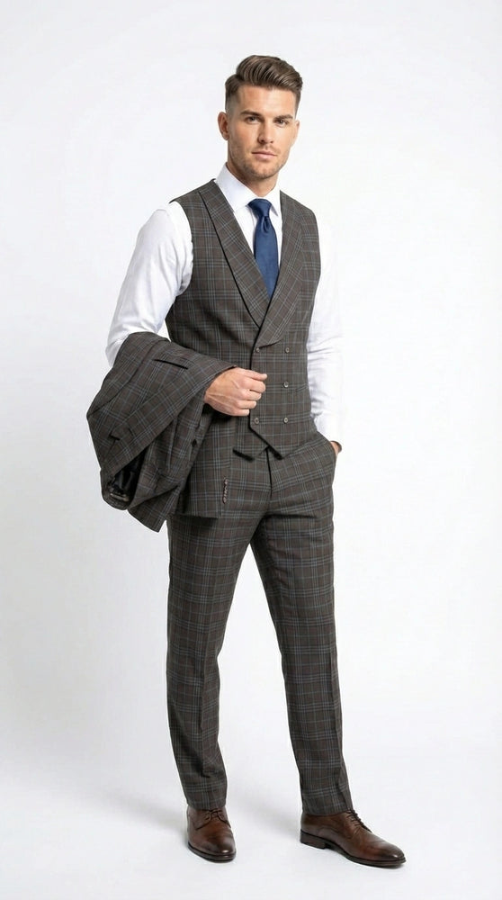 Vitali Men’s Brown Grey with Blue Check 3 Piece Suit – Classic Plaid Formal Suit Set with Blazer, Vest & Trousers, Business Wedding Party Wear for Men Slim Fit
