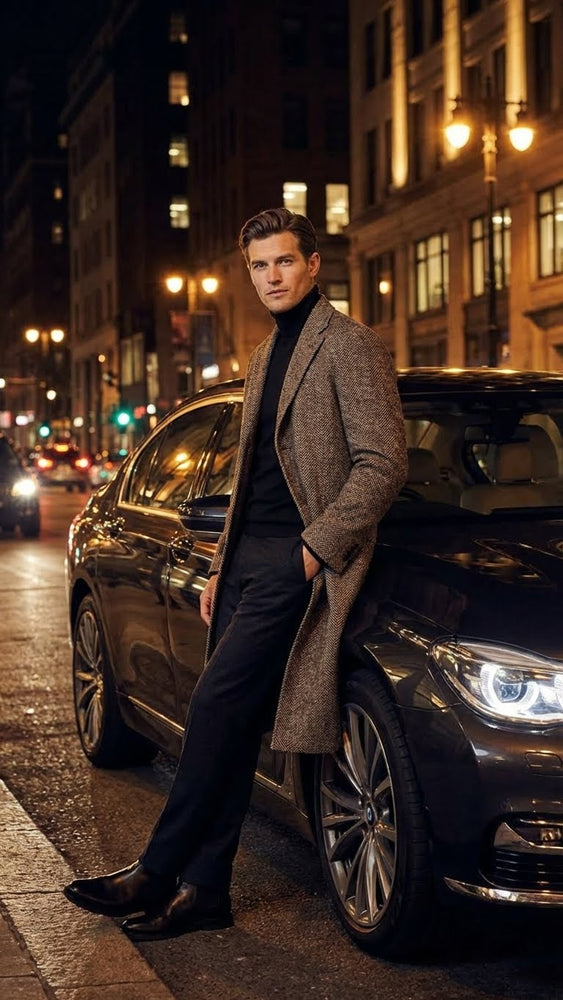 Men’s Black & Grey  Herringbone Tweed Wool Blend Overcoat – Classic Single-Breasted Winter Blazer Carcoat