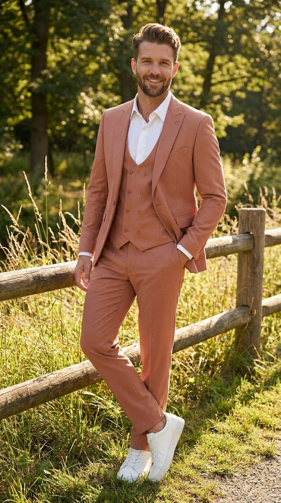 Men’s Peach Light Brown 3 Piece Suit – Wedding & Prom Formal Suit Set, Blazer Pants Double breasted vest