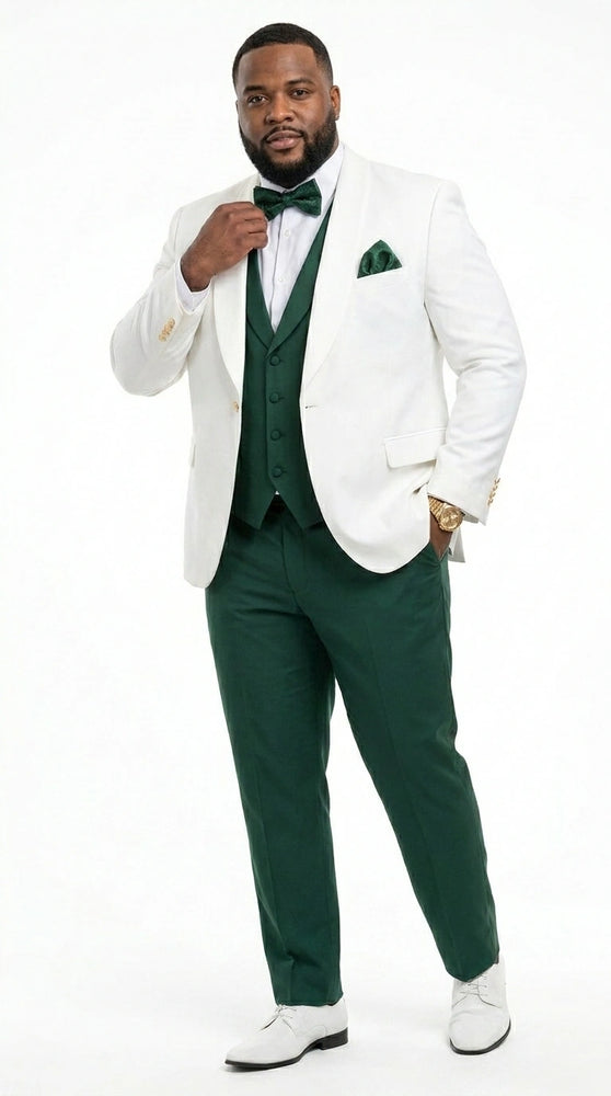 Men’s White and Hunter Green 3 Piece Suit – Elegant Formal Suit with Vest, Wedding Tuxedo Suit for Prom and Party Wear