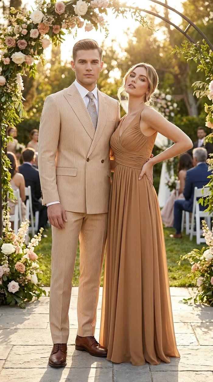 Vitali Men’s Tone on Tone Beige Pinstripe 2 Piece Suit, Double Breasted Summer Dress Suit for Weddings, Tan Beige Shadow Pinstripe