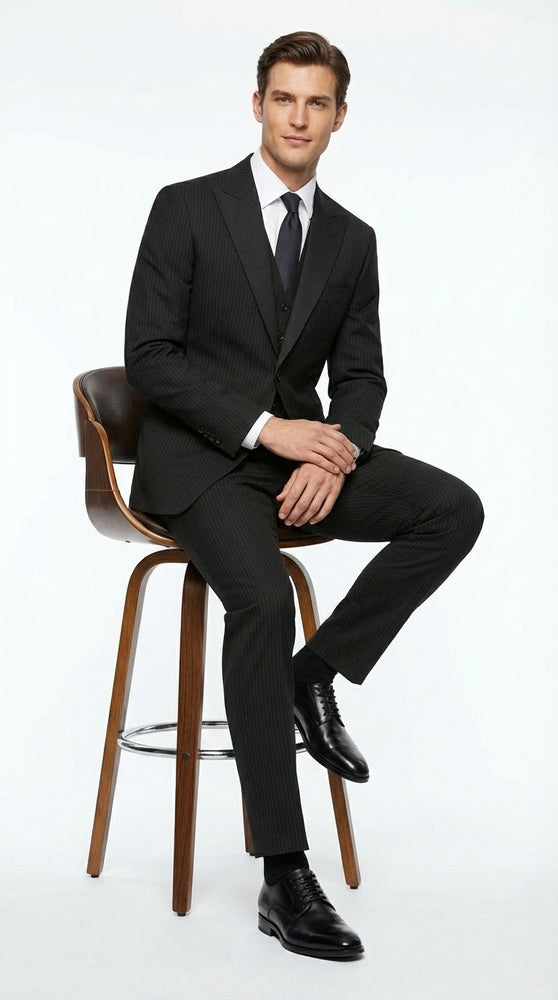Vitali Mens Black Tone on Tone Shadow Stripe Vested Suit Set – 3 Piece Modern Fit Pinstripe Two Buttons
