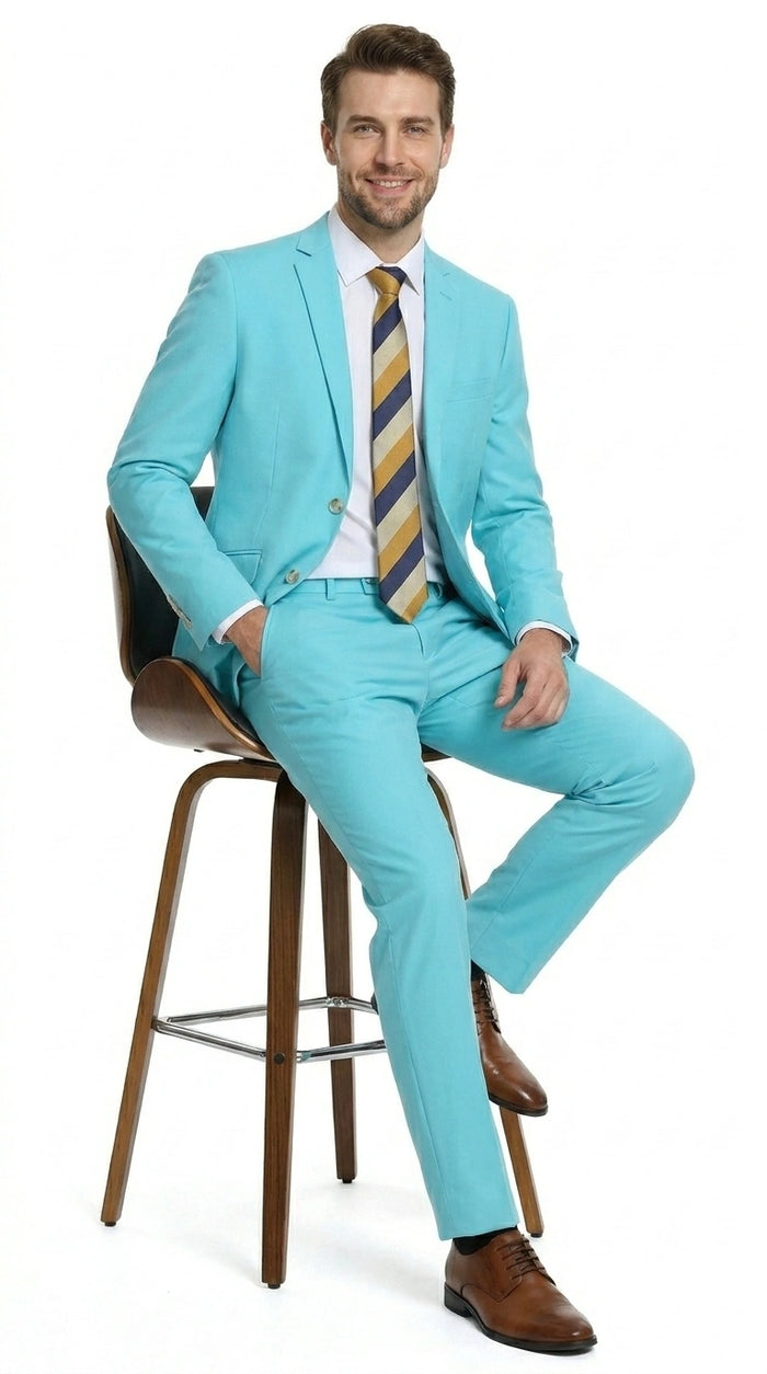 Men’s Aqua Blue 2 Piece 2 Button Suit, Formal Dress Suit for Weddings, Prom, Parties, Summer Events, Turquoise Light blue