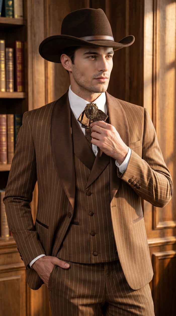 Men’s Brown Pinstripe Western Cowboy Tuxedo, Contrast Shawl Lapel Formal Suit for Weddings, Prom, Parties, and Special Occasions