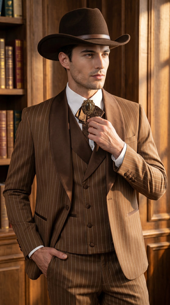 Men’s Brown Pinstripe Western Cowboy Tuxedo, Contrast Shawl Lapel Formal Suit for Weddings, Prom, Parties, and Special Occasions