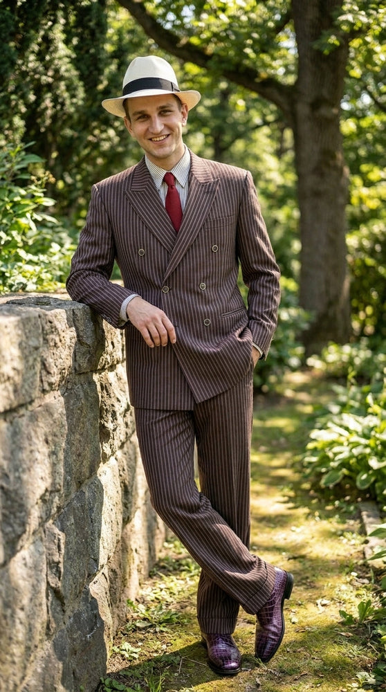Men’s Brown Pinstripe Bonnie and Clyde Costume Suit – Vintage Gangster 1920s Outfit for Party, Halloween and Themed Events
