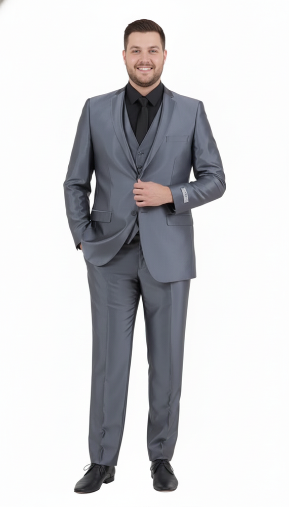 Men’s Dark Grey Shiny Two-Piece Suit – Slim Fitted Formal Jacket and Tailored Pants - Sateen Metalic in Charcoal Gray Color