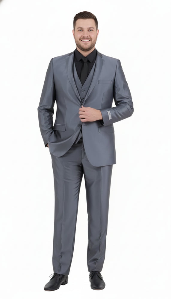 Men’s Dark Grey Shiny Two-Piece Suit – Slim Fitted Formal Jacket and Tailored Pants - Sateen Metalic in Charcoal Gray Color