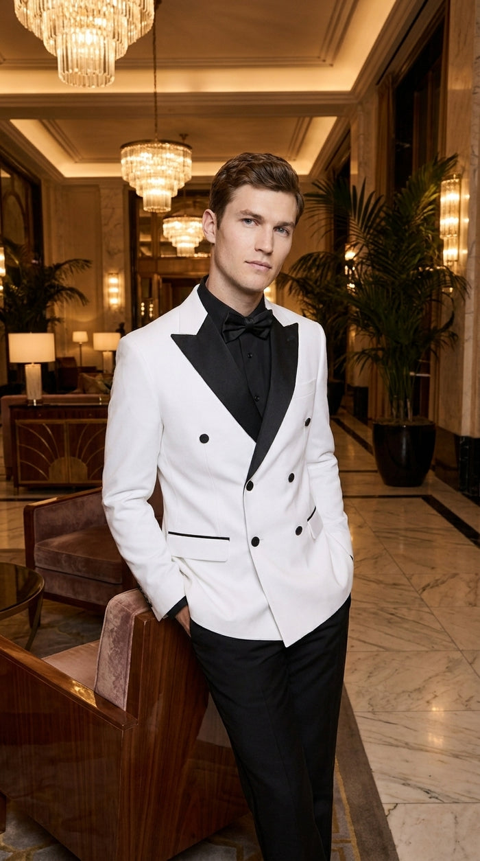 Men's White Double Breasted Tuxedo Dinner Jacket – Black Satin Peak Lapel Formal Wedding, Prom & Party Blazer