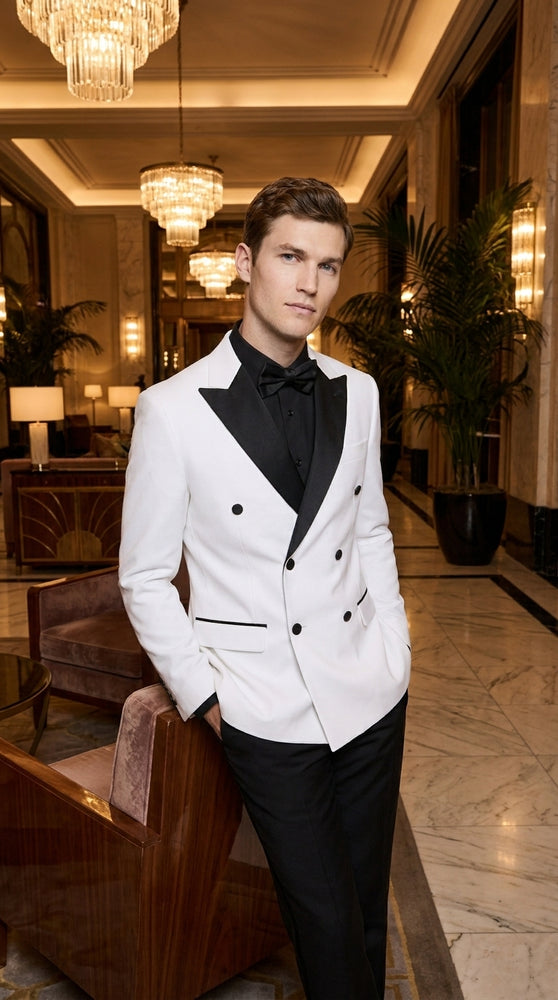 Men's White Double Breasted Tuxedo Dinner Jacket – Black Satin Peak Lapel Formal Wedding, Prom & Party Blazer
