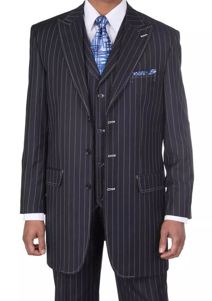 Men's Three Button Suits -  Navy Blue Pinstripe Three-Piece Suit – Classic Business and Formal Wear with Tailored Fit