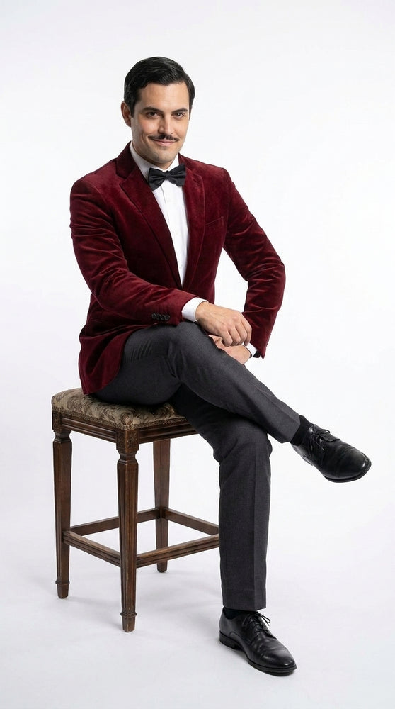 Men’s Gomez Addams Inspired Costume, Burgundy Velvet Blazer with Black Pants Formal Party Outfit Combo