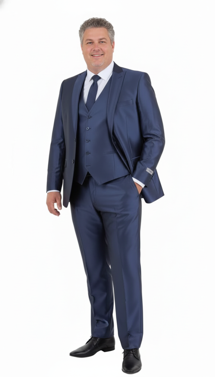 Men’s Navy Blue Shiny Finish 3-Piece Suit Set – Premium Tailored Fit Formal Wedding and Party Sateen Slim Fitted Suit