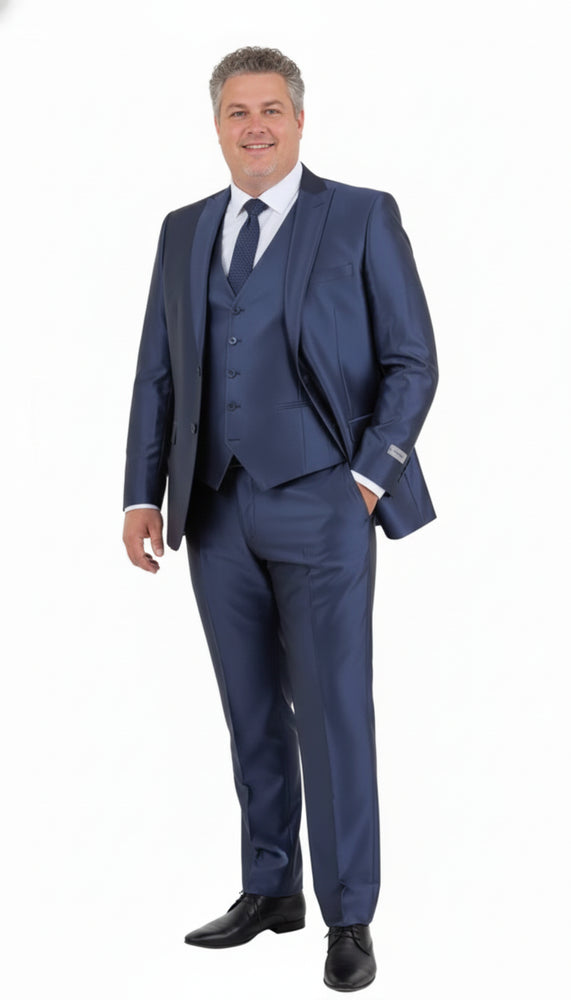 Men’s Navy Blue Shiny Finish 3-Piece Suit Set – Premium Tailored Fit Formal Wedding and Party Sateen Slim Fitted Suit